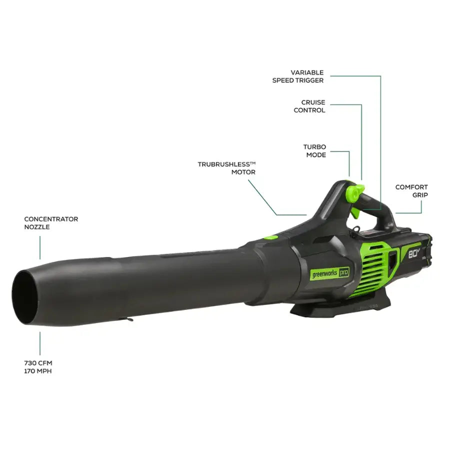 Greenworks - 80-Volt 170 MPH 730 CFM Cordless Handheld Blower (1 x 2.5Ah Battery and 1 x Charger) - Green