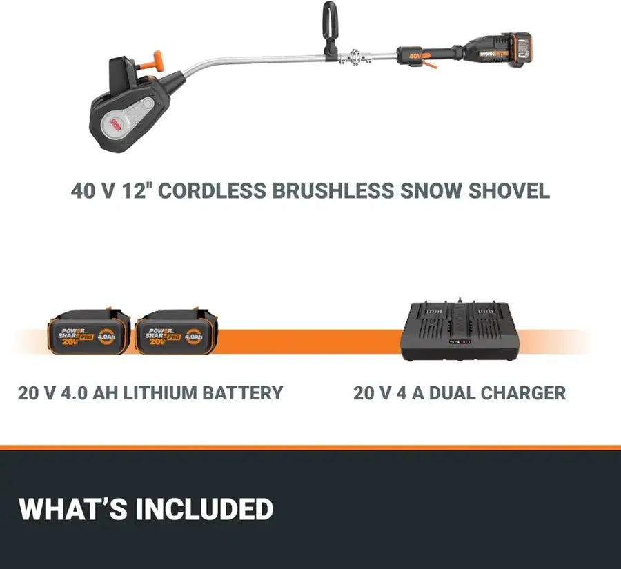 WORX - Nitro 40V 12'' Cordless Snow Thrower, Electric Snow Shovel, 4-Car Driveway, (2 X 4.0 Ah Battery & Charger Included) - Black